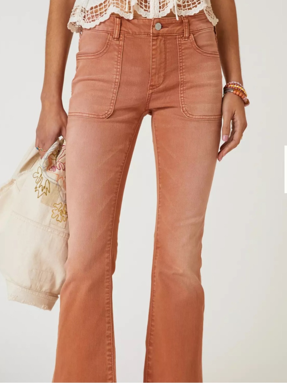 Anthropologie Pilcro The Icon Flare Jean in Terracotta Patch Pockets Raw Hem 26